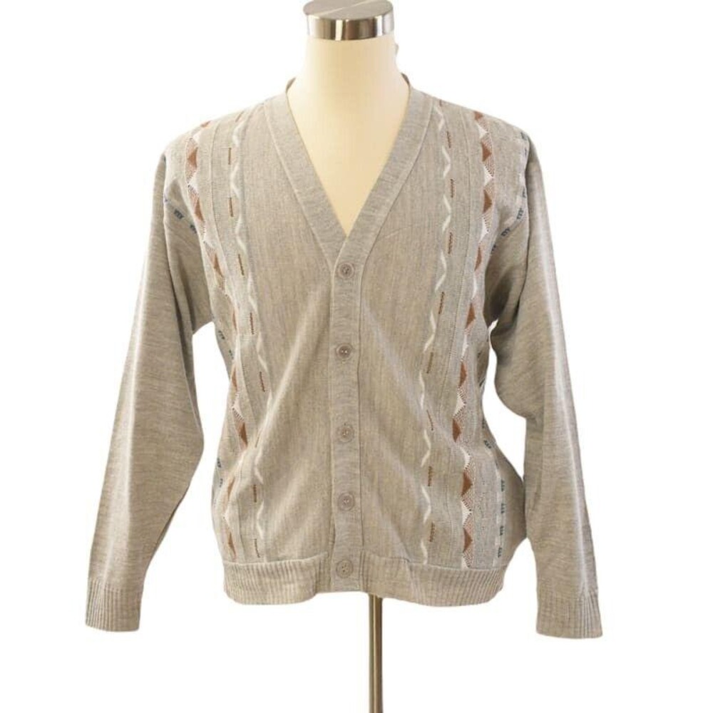 70s Vintage Geometric Cardigan Mens L Heather Taupe Acrylic Knit V-Neck Sweater